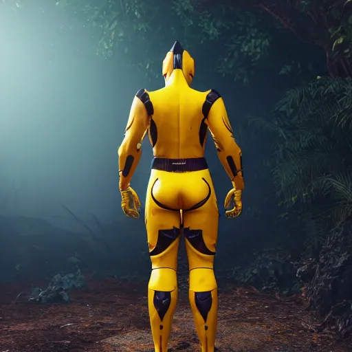 Prompt: « a person wearing yellow hazma suit, in a dark jungle, photorealistic, unreal engine 5, full body portrait, back view »