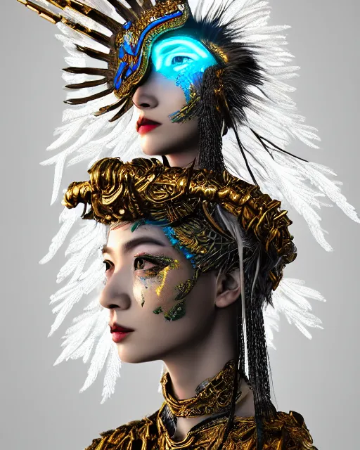 Image similar to 3 d warrior goddess medium shot portrait. beautiful hyperrealistic intricate highly detailed magpie helm, shattered armor, kintsugi, quetzalcoatl, korean hanbok, bioluminescent, plasma, lava, ice, feather, in the style of chiara bautista, octane 3 d render