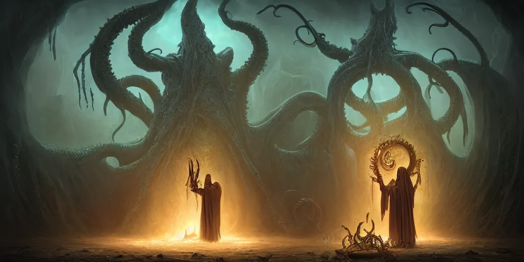 Image similar to ! dream 4 k photorealistic matte painting photography of circle group of necromancer priest in an invoking ritual in front of a viscosity cthulhu within a lovecraft portal, wide - angle portrait, atmospheric lighting, rich deep colors masterpiece, fractal crystals, fantasy portrait by tom bagshaw