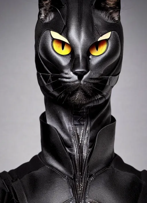 Prompt: gato superherore con traje negro photo 4k high details