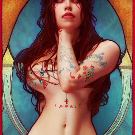 Prompt: full body portrait very beautiful girl with multiple red and blue colored luminescent tattoos, d & d, fantasy, intricate, elegant, highly detailed, digital painting, artstation, concept art, smooth sharp focus, illustration, art by artgerm and greg rutkowski and alphonse mucha