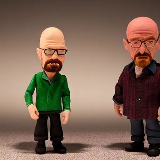 Image similar to two claymation figures of walter white and jesse pinkman, studio lighting