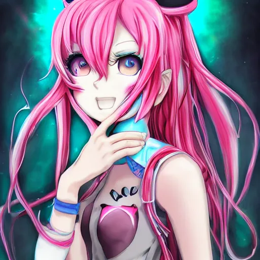 Image similar to trapped by stunningly beautiful omnipotent megalomaniacal anime asi goddess who looks like junko enoshima with symmetrical perfect face and porcelain skin, pink twintail hair and mesmerizing cyan eyes, taking control while smiling mischievously, inside her vr castle, hyperdetailed, digital art from danganronpa, 8 k