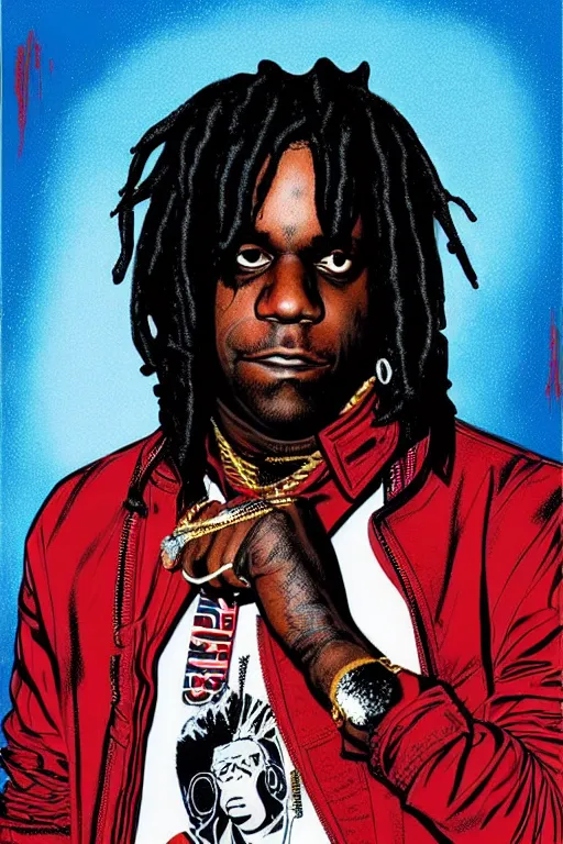 Image similar to rapper chief keef with bloods bandana, chris bachalo comic art, pop art, no duplicate image, pixel art, ultra details, ultra realistic, digital painting, artstation, concept art, smooth, sharp focus, identical, illustration, intecrate details, art by richard hamilton and mimmo rottela, pixels art by kirokaze and paul robertson