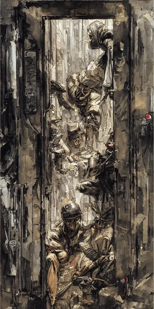 Prompt: oil painting scene from old elevator by kim jung gi