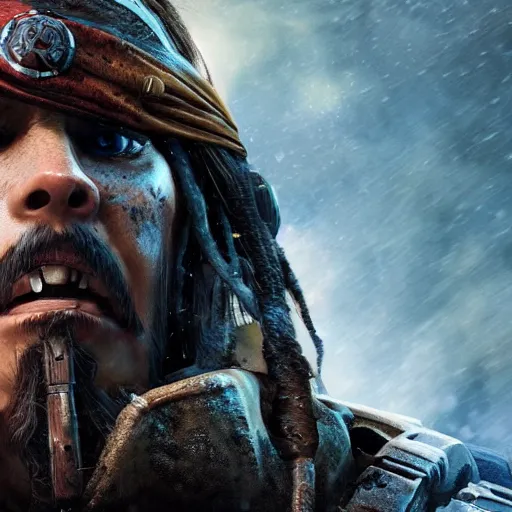 Prompt: ( ( ( ( captain jack sparrow ) ) ) ) in gears of war, splash art, movie still, cinematic lighting, dramatic, octane render, detailed face, long lens, shallow depth of field, bokeh, anamorphic lens flare, 8 k, hyper detailed, 3 5 mm film grain