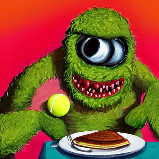 Image similar to a tennis ball monsters eating pancakes, colorful, digital art, fantasy, magic, chalk, trending on artstation, ultra detailed, professional illustration by basil gogos