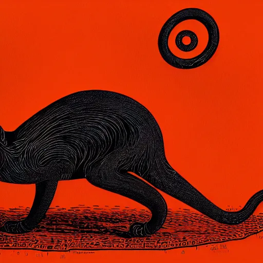 Prompt: a black terrific eldritch cat, hermaeus mora, linocut, moody, Karolis Strautniekas, Mads Berg, dramatic lighting, editorial illustration, detailed, fine texture, matte print, dynamic composition, dark orange+dark blue