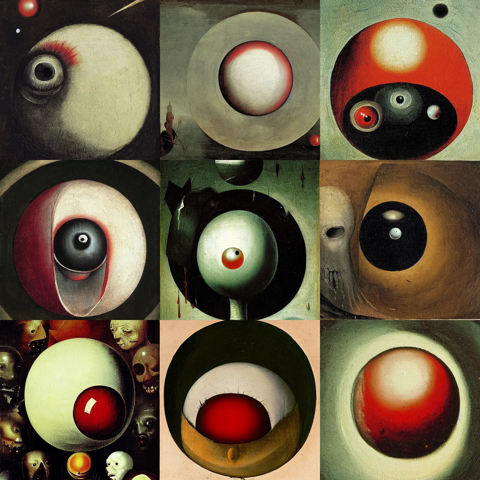 Prompt: an oil painting of a white smooth sphere with a bleeding red eyeball, by hieronymus bosch, dark starry background