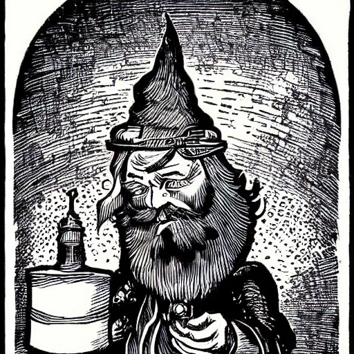 Image similar to wizard with beard, holding a bomb, dnd, high detail, fantasy, in the style of vintage antique illustration and line drawing or engraving, woodcut,