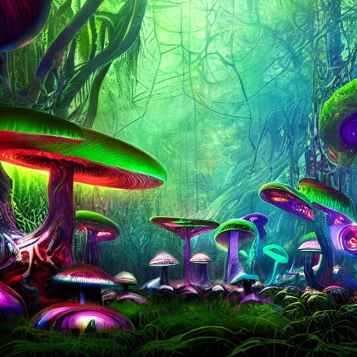 Prompt: Highly detail wide angle photo, of Aliens with psychedelic mushrooms, Dark Neon colored Rainforest, by Android Jones, octane render trending on Artstation 8k