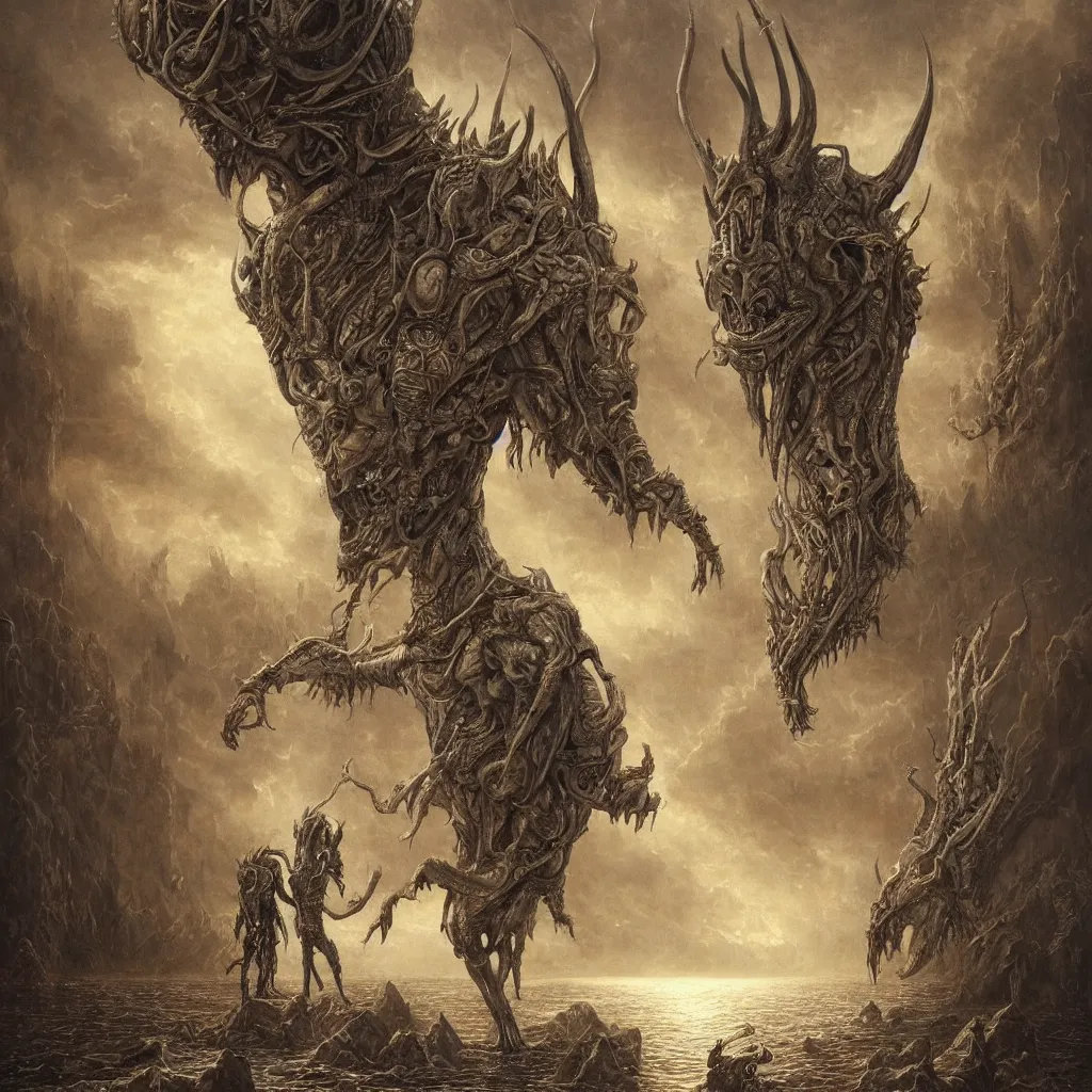 Prompt: a masterpiece! full body photographic portrait of an alien beast!! with seven heads!! and ten horns!! walking on water on a city street by gustave dore and sam spratt and allen williams, trending on artstation, cgsociety, 8 k hd, earthtone colors,