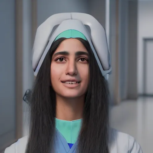 Prompt: A proud and happy Afghan girl working as a surgeon in a futuristic hospital, digital art, unreal engine 5, cinema4D, octane render, Detailed, cinematográfic