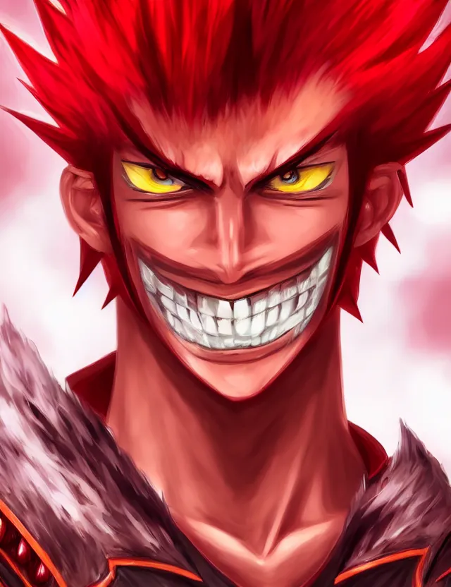 Image similar to a detailed manga portrait of an attractive tall boy with spiked crimson hair and a menacing smile in fiery crimson crystalline armour, trending on artstation, digital art, 4 k resolution, detailed, high quality, sharp focus, hq artwork, coherent, insane detail, character portrait