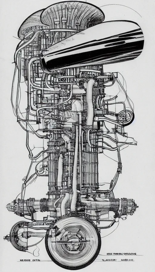 Prompt: technical drawings of 1 9 4 0's nuclear powered spaceship engine