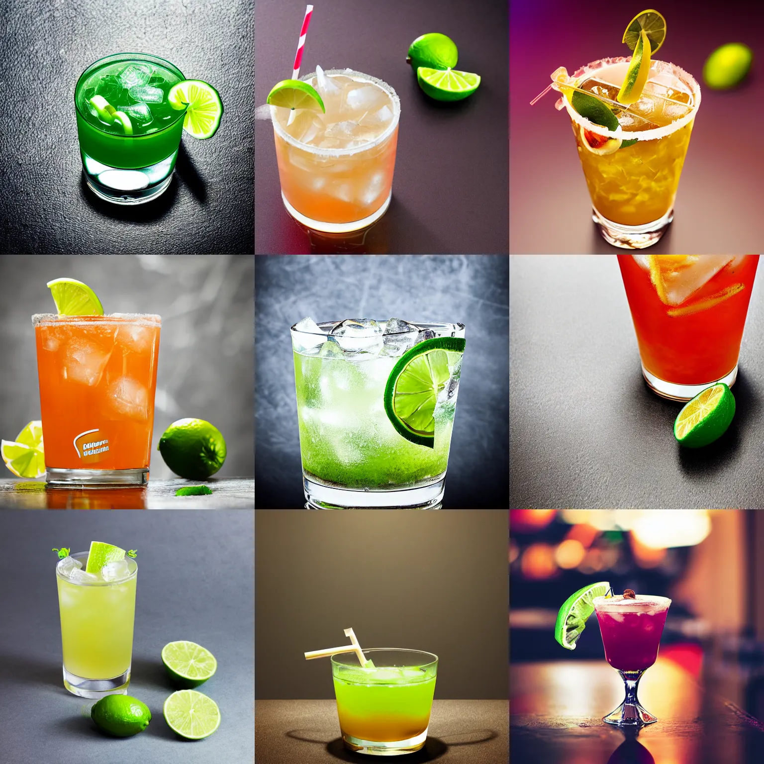 Prompt: a cocktail with lime garnish, mcdonalds, food photography, centered, bokeh, studio lighting, advertisement