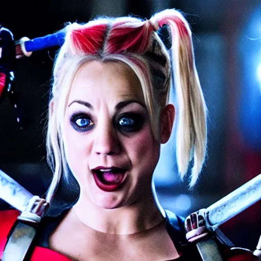 Image similar to A still of Kaley Cuoco as Harley Quinn