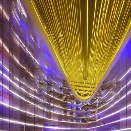 Image similar to metaverse resort in a city, led strips floating spheres, illuminatedcolors,, zaha hadid,