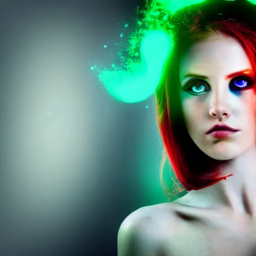 Image similar to a portrait of a beautiful cyborg girl, red hair, glowing green eyes,