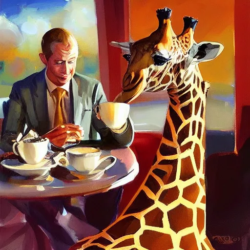 Image similar to a giraffe dressed like an astronaut drinking tea with queen isabel, trending on artstation, art by greg manchess, guangjian, detailed digital art, artstation hd