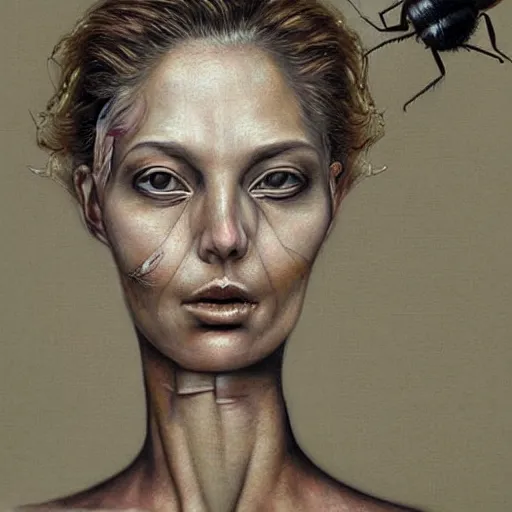 Image similar to a hyperrealistic painting of a beautiful woman morphing into a fly, by santiago caruso, highly detailed,