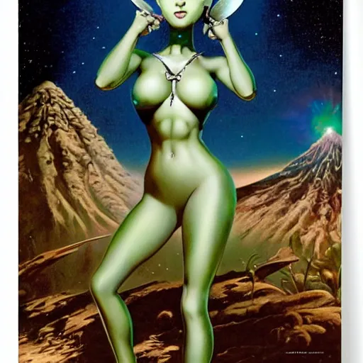 Image similar to beautiful alien extraterrestrial species female babe, in a tight fitting silver metallic bikini spacesuit, bare midriff, big silver head with eyestalk antennae, eyeballs on stalk antennae, green skinned, big black almond shaped alien eyes, volcanic background, by Mort Kunstler and Gil Elvgren