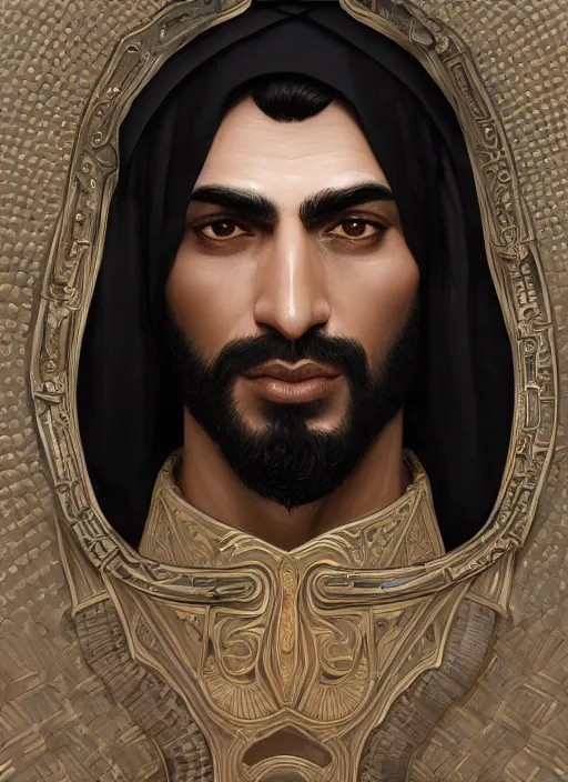 Prompt: portrait of a arab man with black hair, style of god of war, swarm of sand, intricate, elegant, highly detailed, digital painting, artstation, concept art, smooth, sharp focus, illustration, art by artgerm and greg rutkowski and alphonse mucha, 8 k