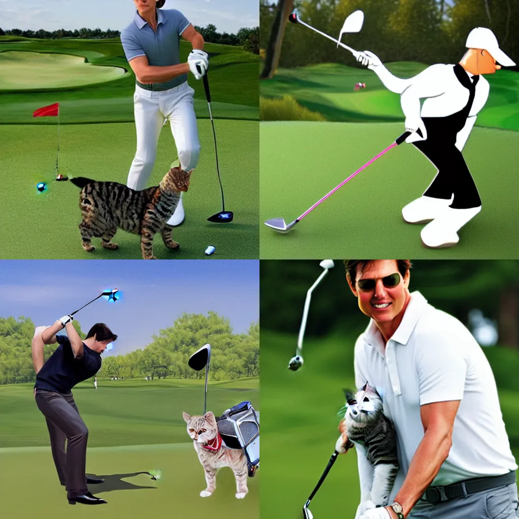 Prompt: Tom Cruise playing golf, with a caddy cat carrying his golf clubs, photorealistic