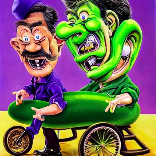 Image similar to beautiful lifelike painting of the chuckle brothers running a purple and green oil derrick, hyperreal detailed facial features and uv lighting, art by ed roth and basil wolverton