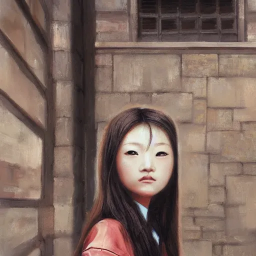 Image similar to a perfect, realistic professional oil painting in Dali style, of a Japanese schoolgirl posing in a dystopian alleyway, close-up, by a professional American senior artist on ArtStation, a high-quality hollywood-style concept