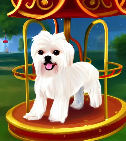 Image similar to small white shihtzu maltese mix dog on a merry go round smiling full color digital illustration in the style of don bluth, artgerm, artstation trending, 4 k