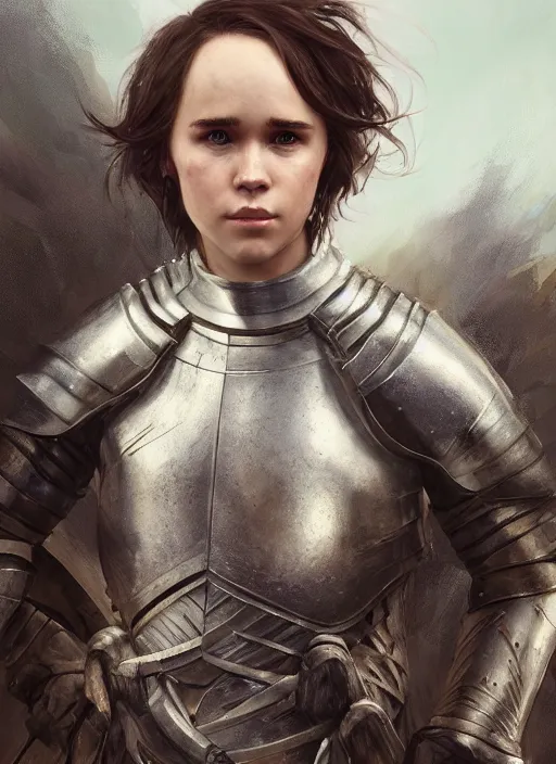 Image similar to portrait of ellen page as a legendary knight warrior, au naturel, hyper detailed, digital art, trending in artstation, cinematic lighting, studio quality, smooth render, unreal engine 5 rendered, octane rendered, art style by klimt and nixeu and ian sprigger and wlop and krenz cushart.
