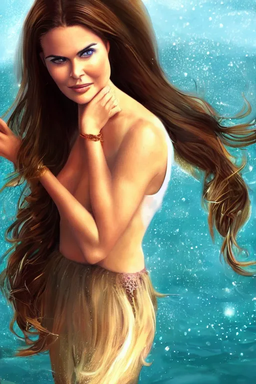 Image similar to mix of beautiful young maria shriver, mariel hemmingway, brooke shields, nicole kidman and elle macpherson as a mermaid, thin lips, hair tied up in a pony tail, brunette hair, colorful, artstation, cgsociety