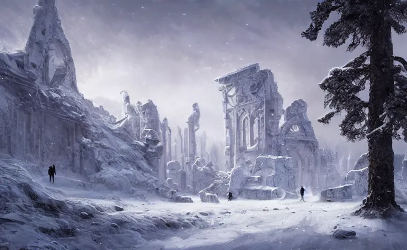 Prompt: a vast snowy tundra, sparse pine trees, scattered broken ancient ruin structures, archways, fantasy digital painting, stunning intricate details, artwork by ross tran and greg rutkowski