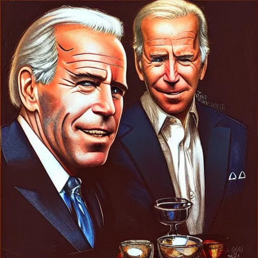 Prompt: Beautiful face Portrait of Jeffrey Epstein and Joe Biden and devil Lucifer drinking together, powerful , magic, thunders, dramatic lighting, intricate, wild, highly detailed, digital painting, artstation, concept art, smooth, sharp focus, illustration, art by artgerm and greg rutkowski and alphonse mucha, footage from space camera