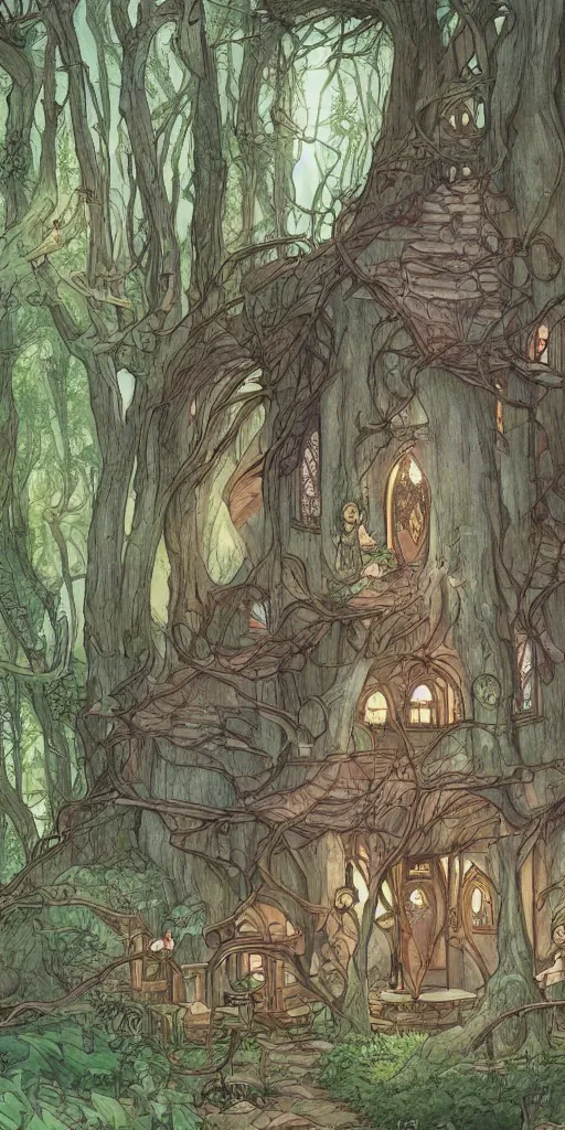 Image similar to an elvish Fairy house in the Woods, fantasy, art nouveau, architecture, daylight, warm light, spring, studio ghibli, Moebius, siya oum, ultra detailed, High definition, Sharp