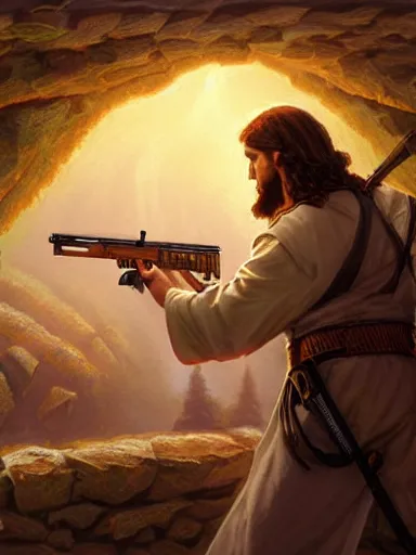 Prompt: jesus christ firing with an ak - 4 7. intricate, elegant, highly detailed, digital painting, artstation, concept art, sharp focus, illustration, by justin gerard and artgerm, 8 k
