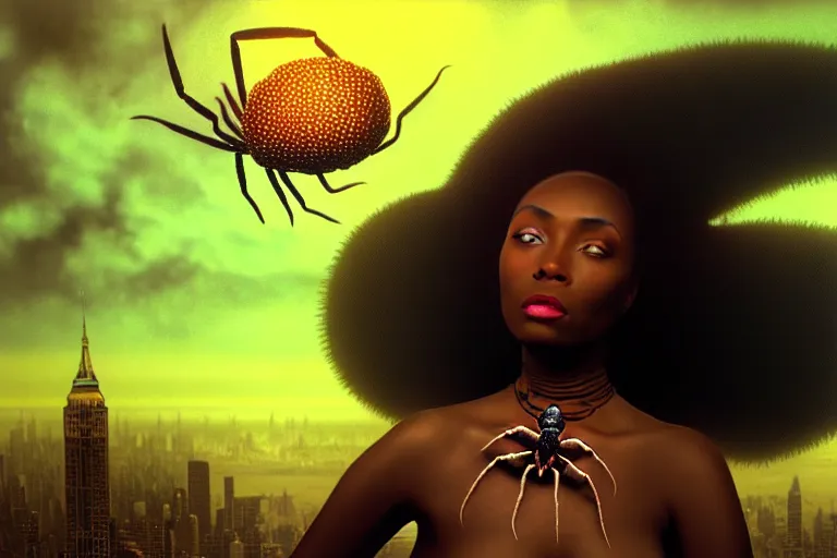 Prompt: realistic detailed photorealistic film closeup portrait shot of a beautiful black woman with a giant spider, sci fi city landscape background by denis villeneuve, amano, yves tanguy, alphonse mucha, ernst haeckel, david lynch, edward robert hughes, roger dean, cyber necklace, dynamic pose, rich moody colours, wide angle