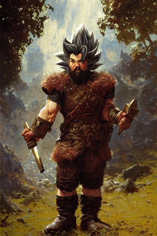 Image similar to dwarf in leather armour in a fantasy forest going super saiyan, holding a large stone axe portrait dnd, painting by gaston bussiere, craig mullins, greg rutkowski, yoji shinkawa