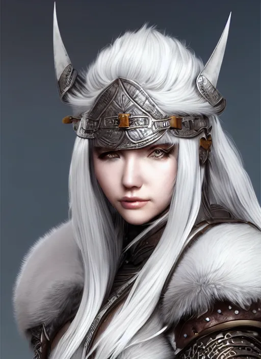 Image similar to barbarian, fur leather armor!!! beautiful and elegant white hair female!! gorgeous ayes!! character concept art, sharp focus, octane render! unreal engine 5! highly rendered!! trending on artstation!! detailed linework!! illustration by artgerm, wlop, and chie yoshii