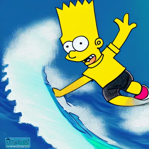 Image similar to Bart Simpson surfing the wave, artstation, 8K, UE5, photorealistic, by Dylan Kowalski