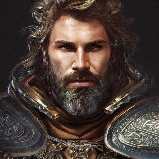 Prompt: portrait of a ruggedly handsome paladin, soft hair, muscular, half body, leather, hairy, d & d, fantasy, intricate armor, elegant, highly detailed, digital painting, artstation, concept art, smooth, sharp focus, illustration, art by artgerm and greg rutkowski and alphonse mucha