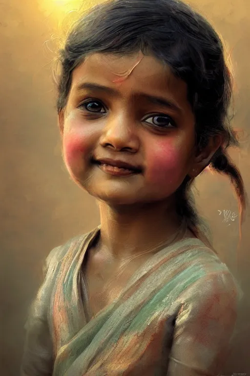 Image similar to hindu little girl, joyful, close - up portrait, intricate, elegant, volumetric lighting, scenery, digital painting, highly detailed, artstation, sharp focus, illustration, concept art, ruan jia, steve mccurry