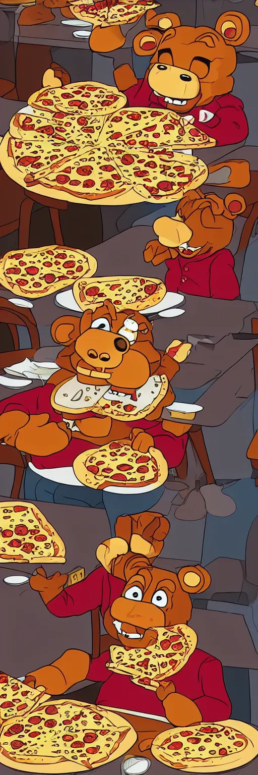 Image similar to freddy fazbear eats pizza at the same table with rock johnson, realistic photo