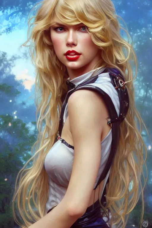 Image similar to a mix between claudia schiffer and taylor swift and britney spears and denise richards in wild things as a schoolgirl, fantasy, intricate, elegant, highly detailed, digital painting, artstation, concept art, matte, sharp focus, illustration, art by artgerm and greg rutkowski and alphonse mucha