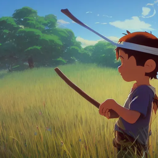 Prompt: A kid putting an eyepatch and a pirate's head scarf on his head, holding a wooden stick at golden hour in a plain grass field, hand up in the air, facing the camera, by Makoto Shinkai and thomas kinkade, digital painting, Matte painting, trending on artstation and unreal engine, in the style of Calvin and Hobbes