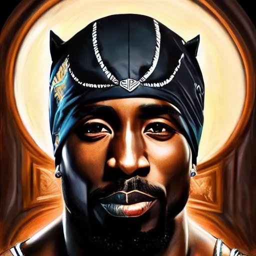 Image similar to tupac as black panther, digital painting, extremely detailed, 4 k, intricate, brush strokes, mark arian, artgerm, bastien lecouffe - deharme