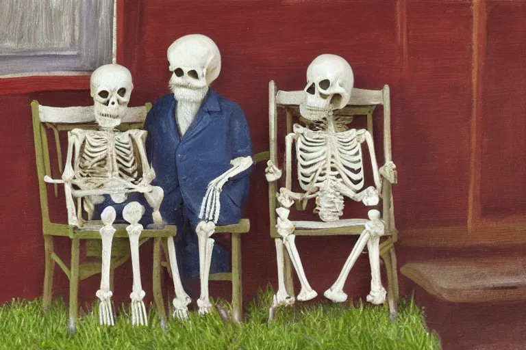 Prompt: tired miniature bearded old man and his giant skeleton wife sit in rocking chairs on on the porch of their house, outsider art oil on paper