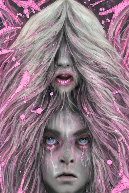 Prompt: ghostly ethereal monster girl with long hair crying surrounded by screaming spirits, pink and black, super detail, highly detailed,,beautiful, silent hill, pink, highly detailed glittery sparkly shooting stars glowing, creepy beautiful hyperrealism, award winning artwork, realistic hair, artstation trend, high quality print, fine art with subtle redshift rendering,