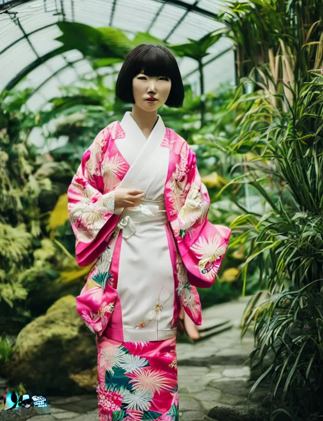 Prompt: photograph of a beautiful Japanese woman wearing a pretty kimono in a tropical greenhouse, by Annie Leibowiz, by Alessio Albi, extremely detailed, large format camera, Kodak Portra 400, 16K, bokeh, blurred background, photorealistic, flickr, getty, instagram